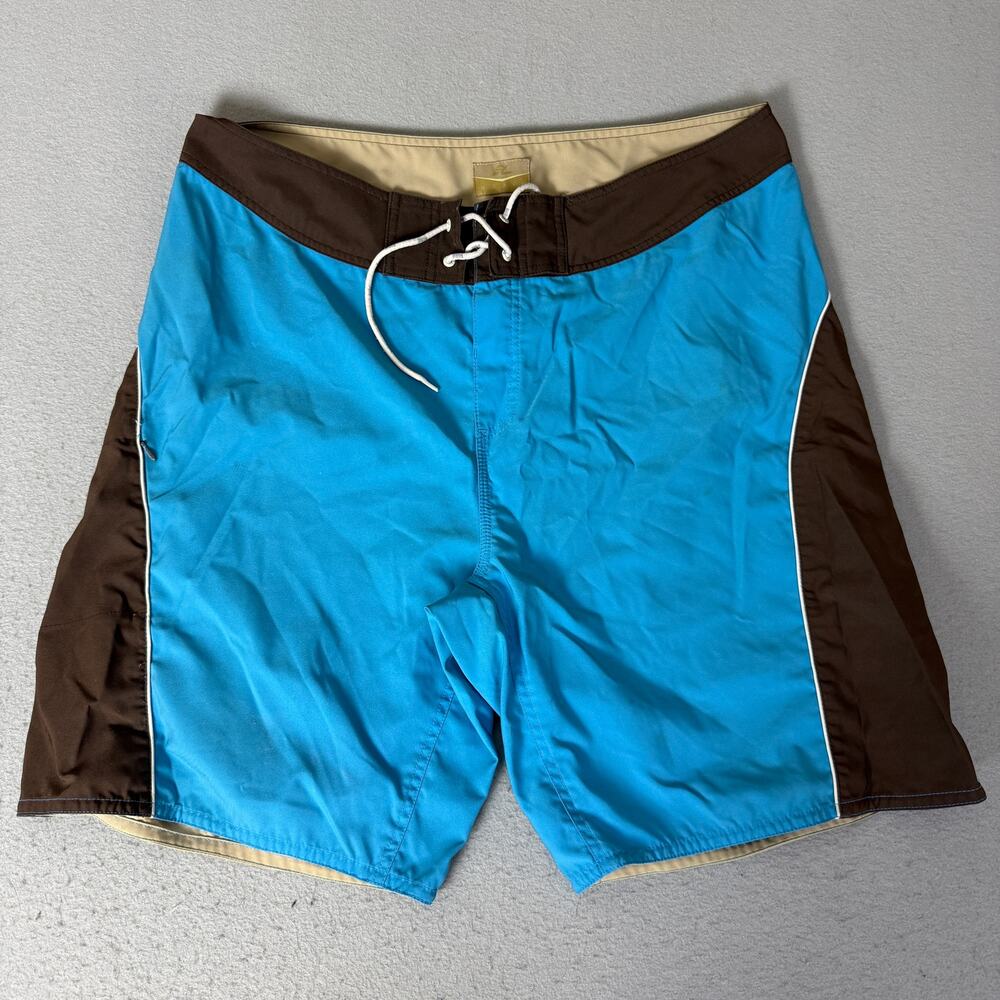 Hobie Men's Board Shorts Blue Brown Tan Colorblock Drawstring Surf Swim Trunks